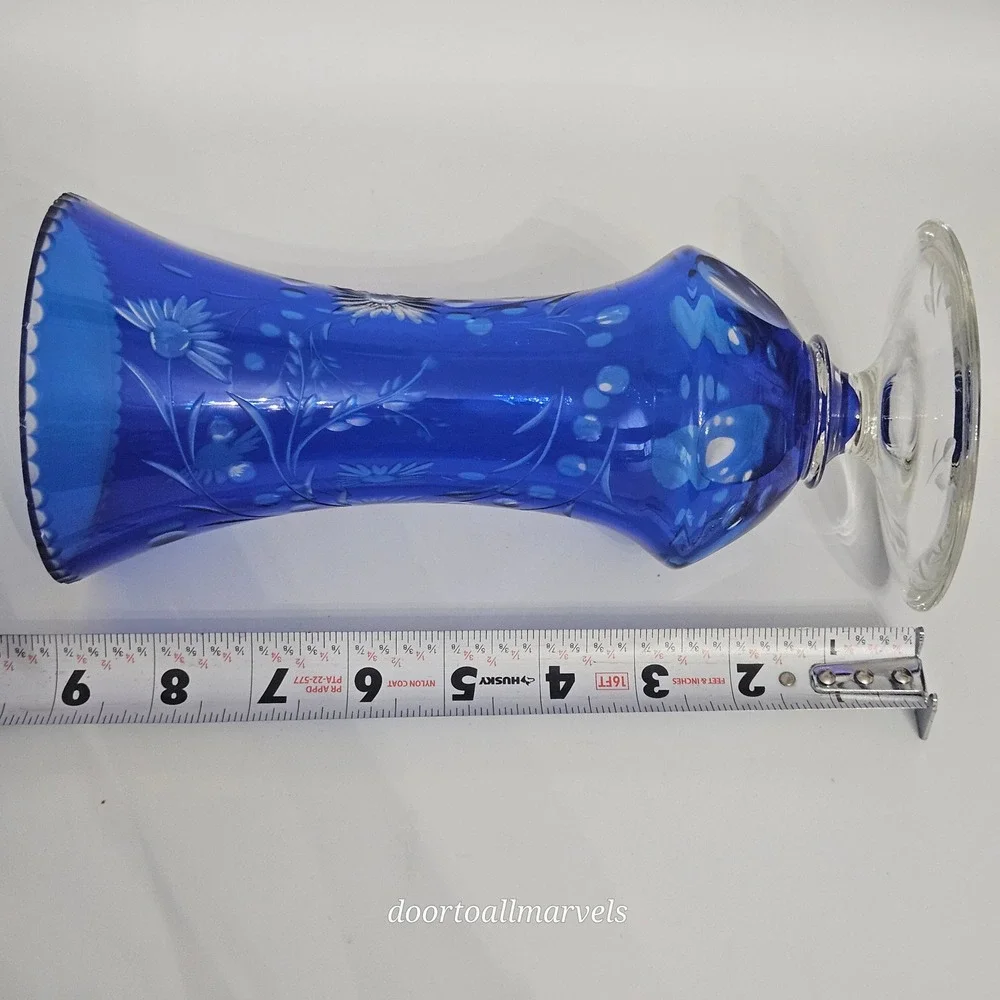 VTG Val St Lambert Footed Vase Cobalt Blue Cut-to-Clear Crystal Europe Art Deco